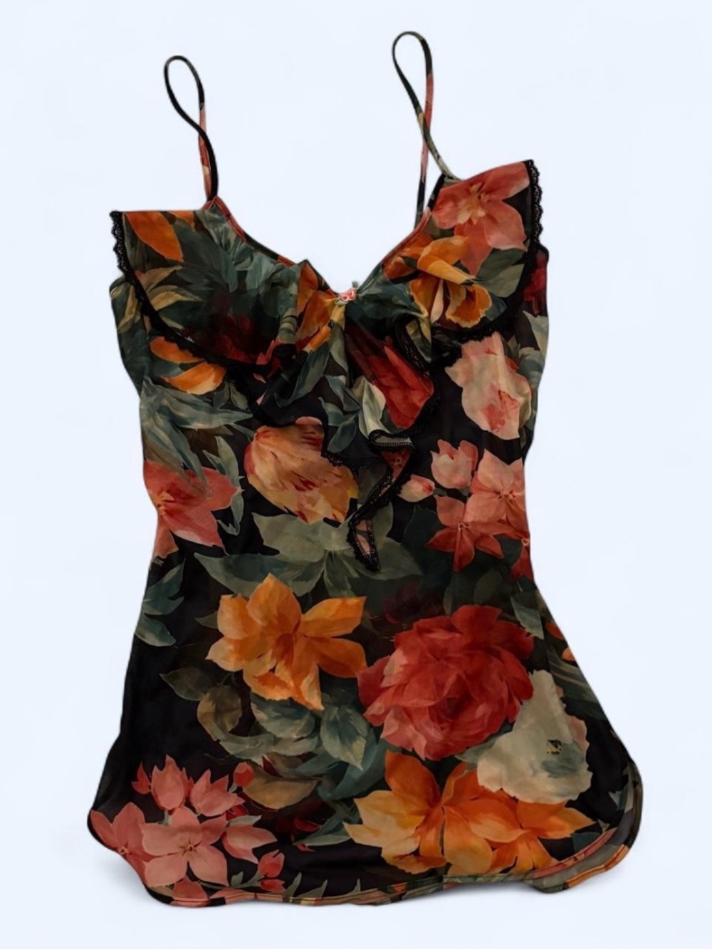 Floral Satin Slip Chemise with Lace Trim - Black Floral